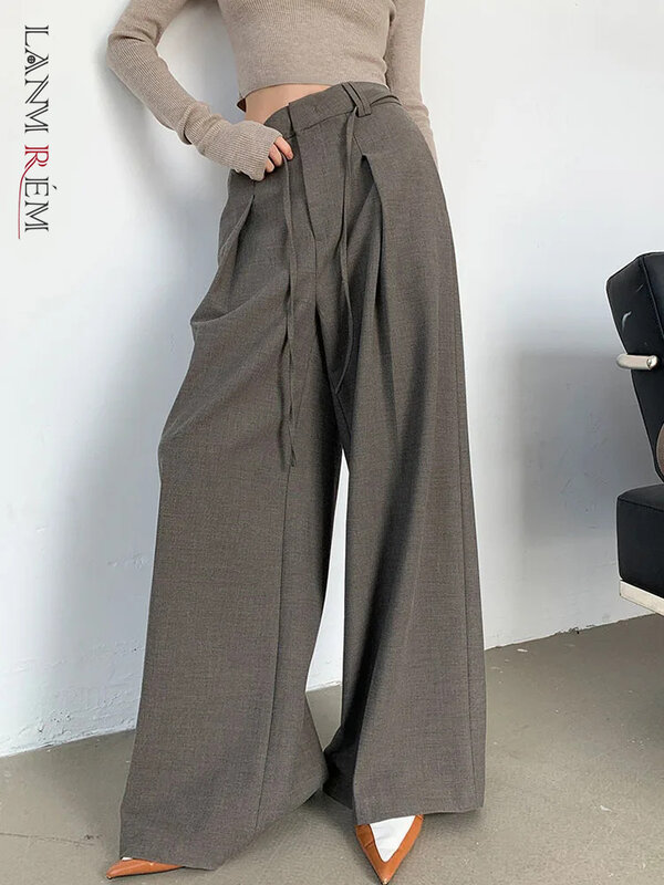 [LANMREM] Drawstring Design Wide Leg Pants For Women 2024 Summer New High Waist Office Lady Loose Suits Trousers 26D8566