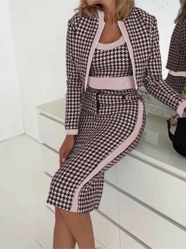 Spring Autumn Jacket Camis Dress Set Office Lady Long Sleeve Outerwear Print Camis Dress Three Piece Set Women Outfit 2023