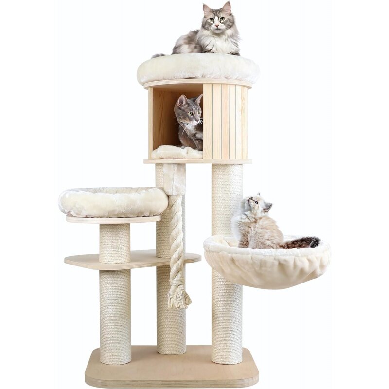 Cat Tree Tower com arranhão Post, Condomínio bonito do gato, escalada de madeira, Heavy Duty, gatos interiores, grande, moderno Alto