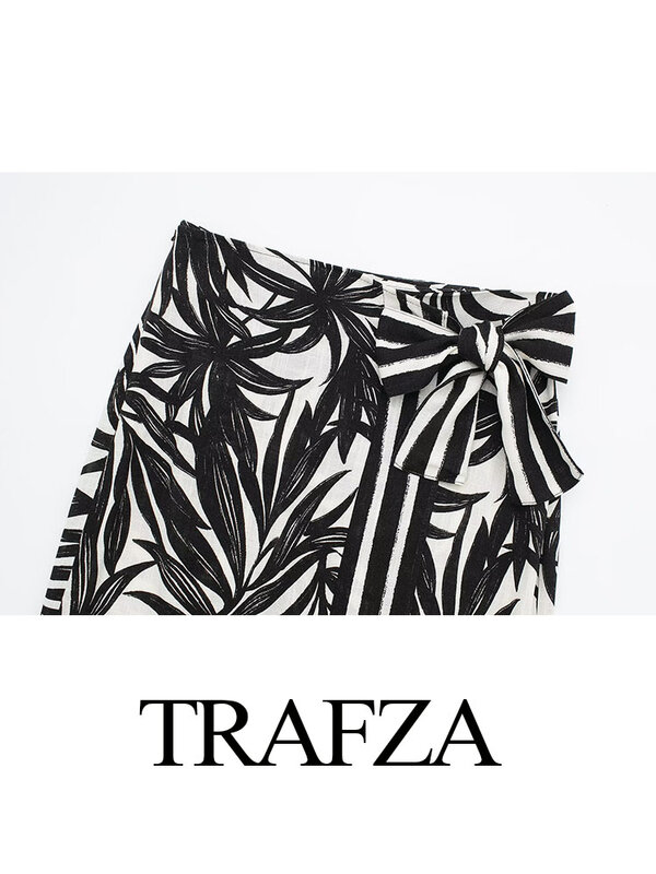 TRAFZA 2024 Summer New Women's Chic Printed Boho Style Skirt Retro Fashion Bow Decoration Beach Slit Skirt Women's Streetwear