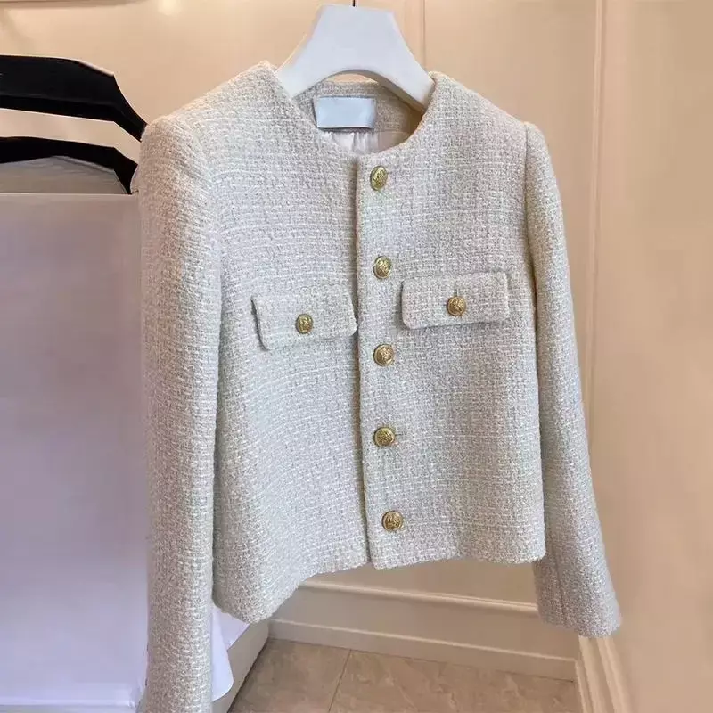 Casaco feminino de tweed francês de lã, jaqueta de alta qualidade, botão dourado, curto, fino, temperamento, moda coreana, primavera e outono, 2024