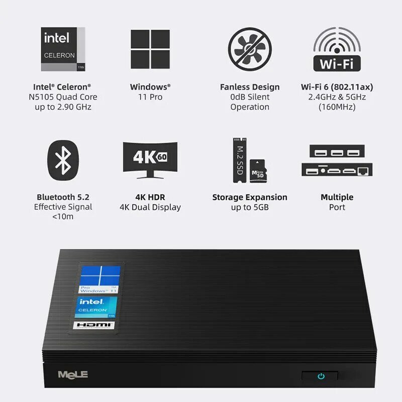 MeLE Quieter3Q Mini ordenador Sin ventilador, Win11 Pro, Jaskperlake N5105, 8G, 128G, Intel, NVMe, SSD, 4K, HDMI, HDR, 2,4G, 5G, Gigabit, PXE