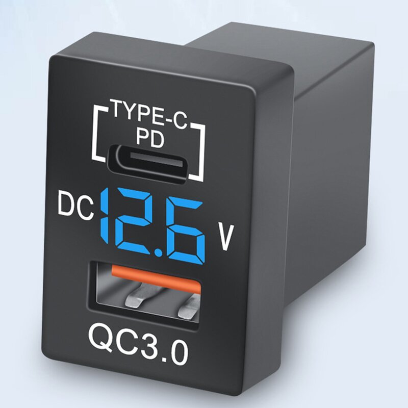 QC3.0 USB tomada do carregador de carro com voltímetro digital LED azul, carga rápida para Toyota, PD tipo-C, novo