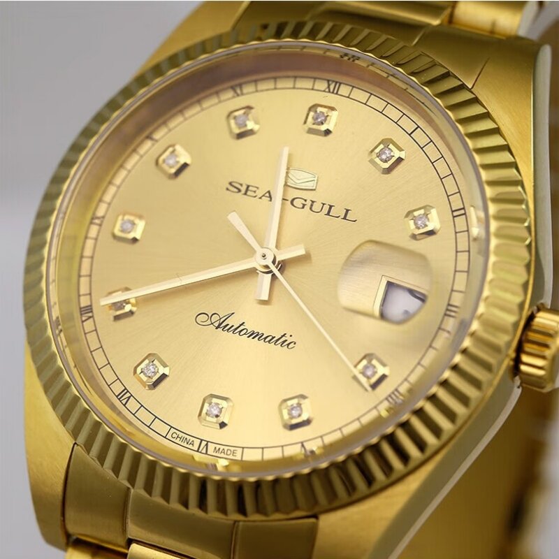 Jam tangan Seagull baru untuk pria jam tangan mewah berlian emas 100m jam tangan mekanis pasangan bisnis baja tahan karat tahan air 7055 m