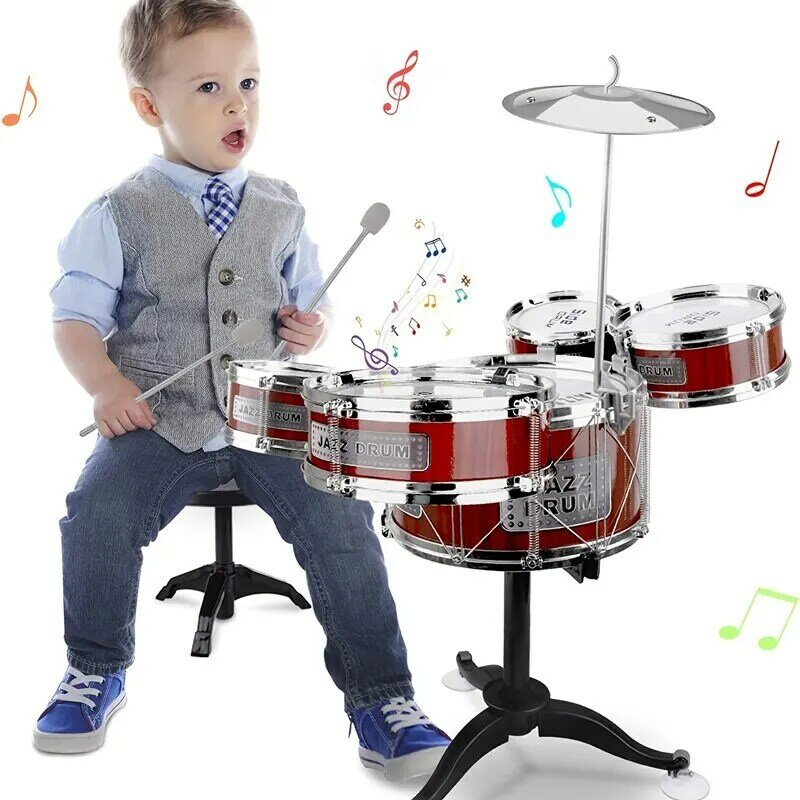 Juego de tambor de juguete Musical para niños pequeños, Kit de tambor de Jazz con taburete, 2 palos de tambor, platillo y 5 tambores, instrumentos musicales