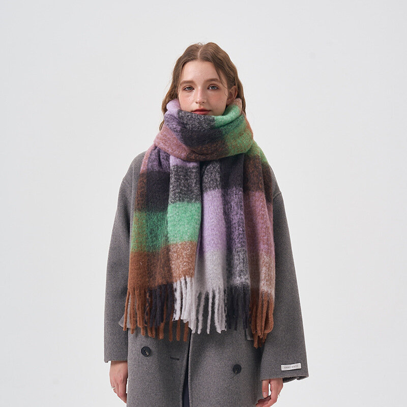 Bufanda de lana a cuadros para mujer, cuello exterior ensanchado, chal frío, 2023 Lana, grueso y cálido, nuevo estilo, invierno, 32%