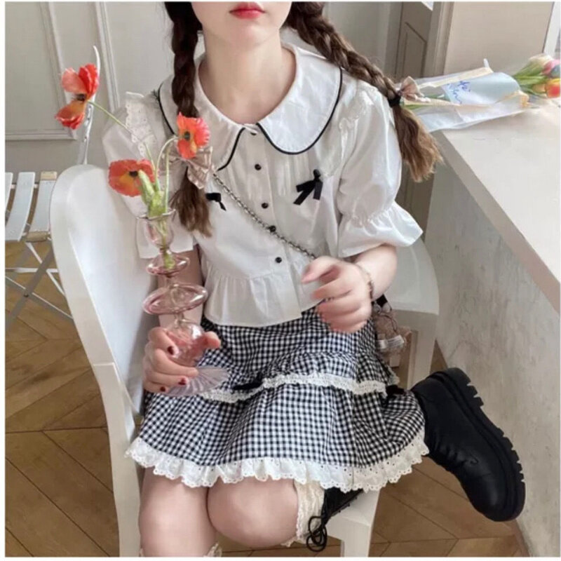 Deeptown-Mini jupe plissée à carreaux pour femme, jupe à volants Lolita, nœud en dentelle, jolie jupe Preppy, style japonais, Kawaii