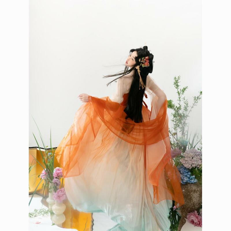 레드 한푸 여성 오렌지 체불 스커트, 당나라 스타일, 큰 소매 자수, 슈퍼 요정, 한족 요소, 용수철 가을