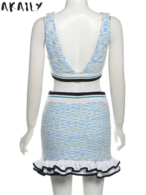 Akaily Summer Streetwear Blue Striped Knit 2 set di due pezzi abiti da Club per le donne 2024 canotte con scollo a v e set di gonna con volant