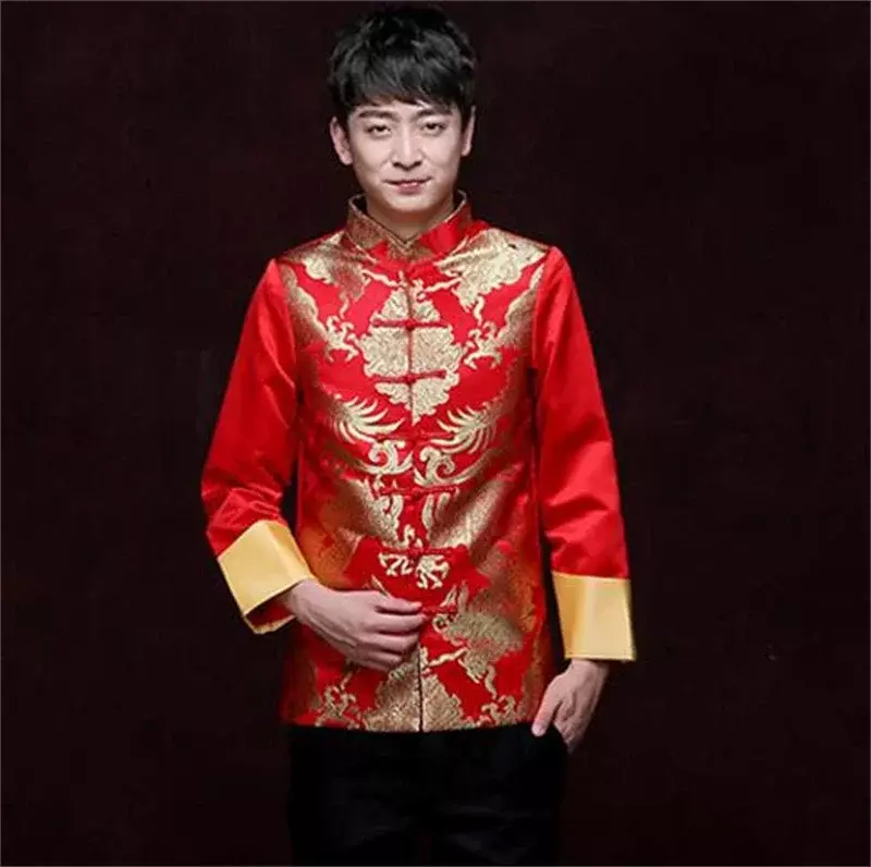 Tang setelan pakaian tradisional merah Cina pria, Hanfu sulaman atas naga cetak Vintage Satin Kungfu etiket pesta Tahun Baru