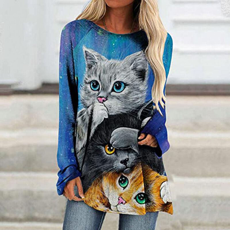 Modny damski t-shirt nadruk kota długi rękaw luźne ubrania wysokiej jakości damski t-shirt z okrągłym dekoltem