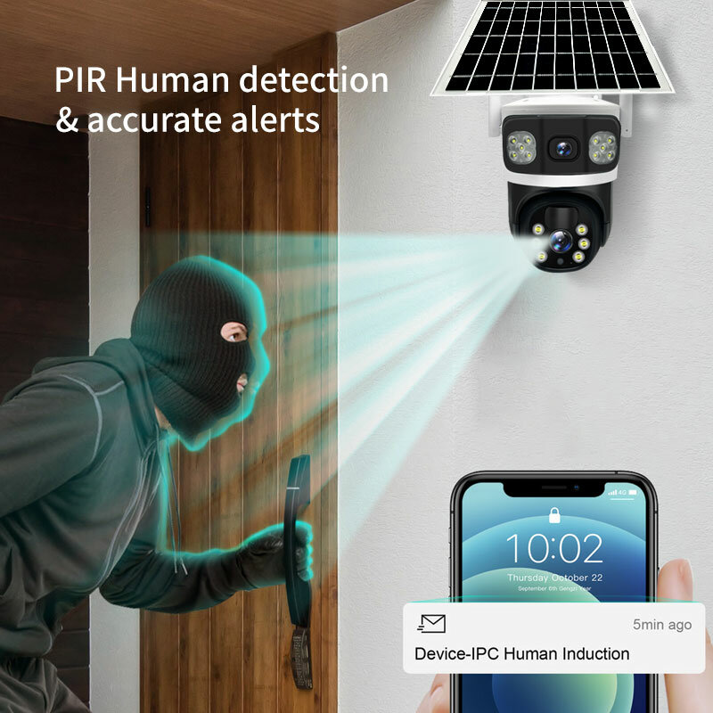 Câmera de Vigilância de Segurança Externa, 4G SIM PTZ CCTV, Painel Solar, Lente Dupla, WiFi, Detecção Humana, 4G, 4K12MP
