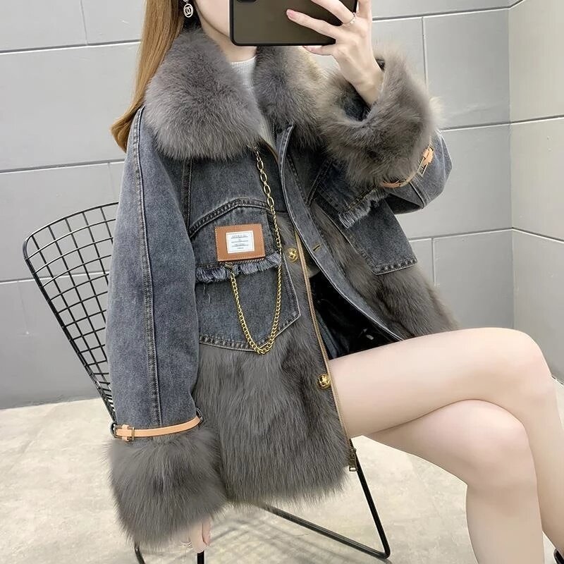 คุณภาพสูงฤดูหนาว DENIM แจ็คเก็ตขนสัตว์ปลอม Patchwork หลวม Parkas MODE Korea สีเทาคาวบอย outwear Femme อบอุ่น Mantel Jin