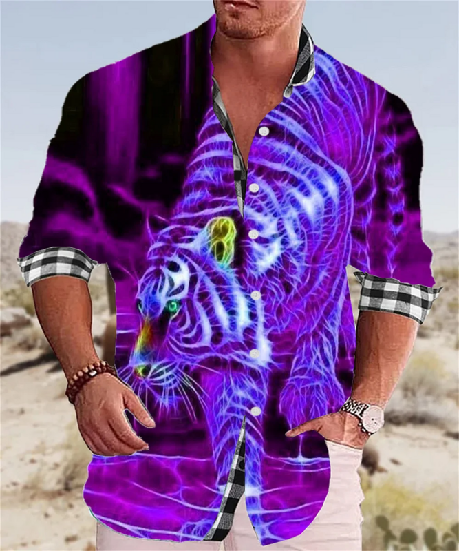 قميص هاواي للرجال بأكمام طويلة ، قميص النمر الحيوان ، قماش رجالي مريح وناعم ، طية صدر السترة الفاخرة ، نمط جديد ، الموضة