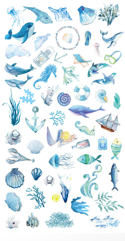 50 buah stiker grafiti seri laut biru cat air cocok untuk helm Laptop Dekorasi Desktop mainan stiker DIY grosir