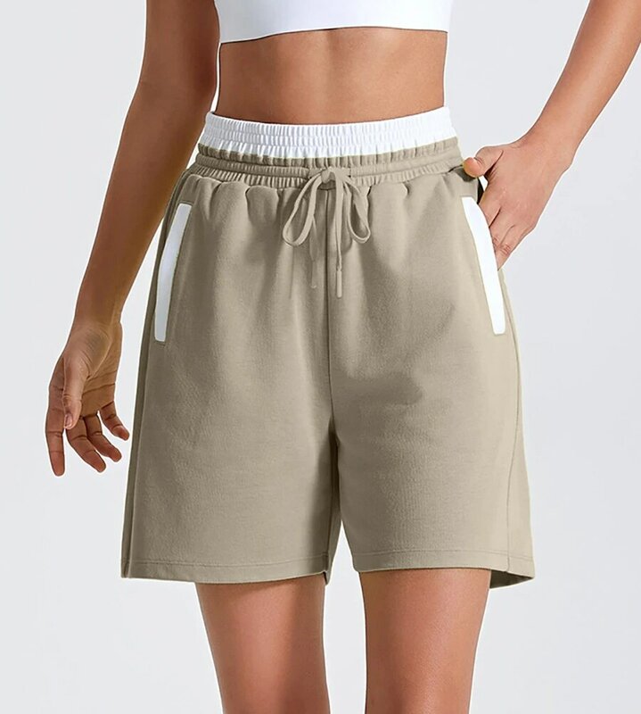 Celana pendek wanita, celana pendek longgar kasual pinggang elastis ikat setengah celana dengan kantong dalam tabung celana pendek untuk berjalan atletik musim panas