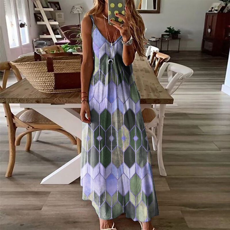 Women's Dresses Summer Fashion Casual V-neck Sexy Print Halter Dresses Female Long Dress