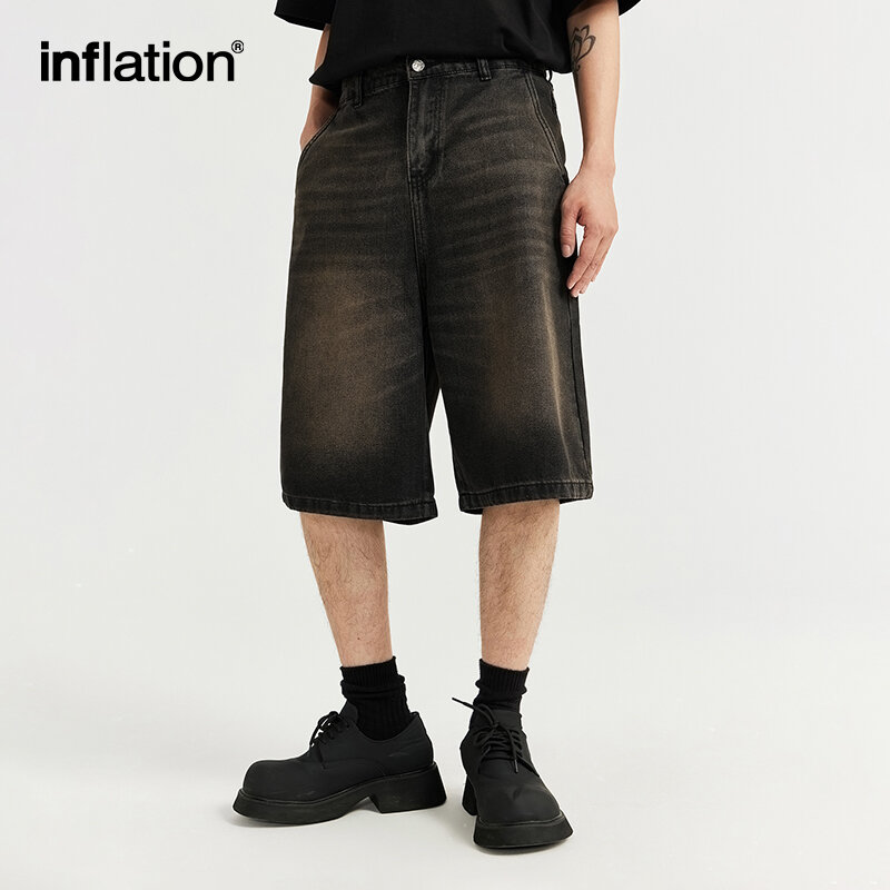 Inflação-lavado shorts jeans para homens, jeans de perna reta, streetwear, high street, tamanho grande