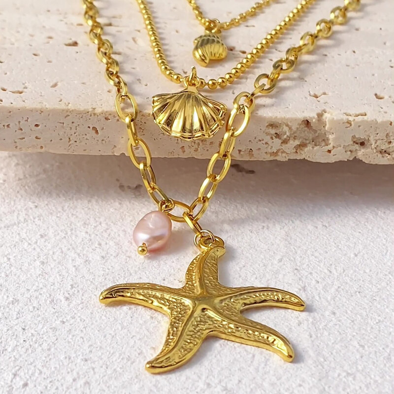 Fashion Three-Layer Pearl Starfish Pendant Necklace Retro Shell Snail Stainless Steel Women Summer Beach Jewelry Accessory Gift