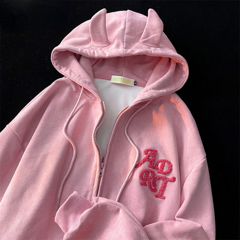 2022 New embroidered tassel cute devil horns hooded velvet thick zipper jacket sweater women's autumn and winter plus hoodie