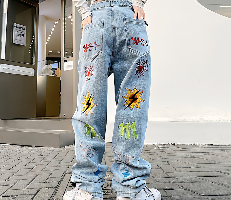American style straight jeans female hip-hop style streetwear star brushed graffiti denim trousers loose slim wide-leg trousers