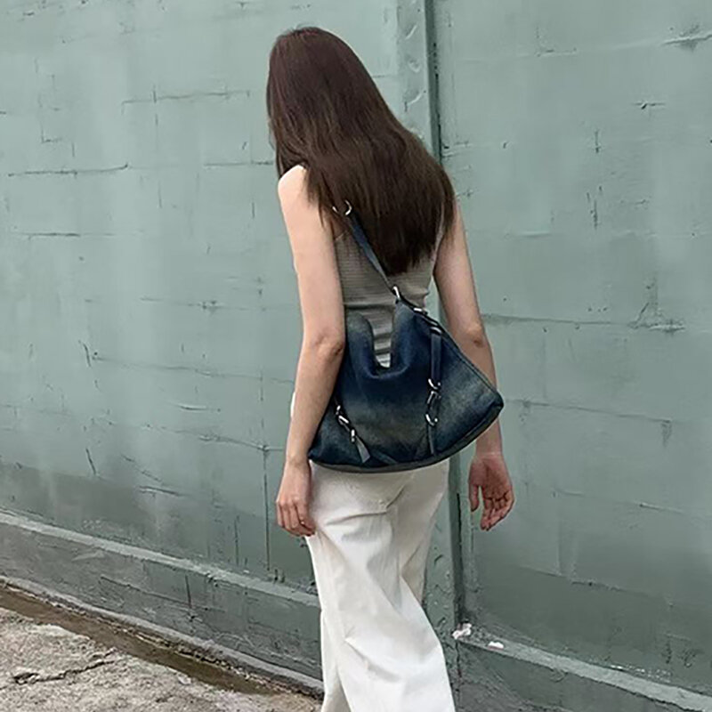 Женская джинсовая сумка в стиле ретро, уличная вместительная модная повседневная Сумочка для покупок, сумка-тоут на одно плечо для студентов колледжа