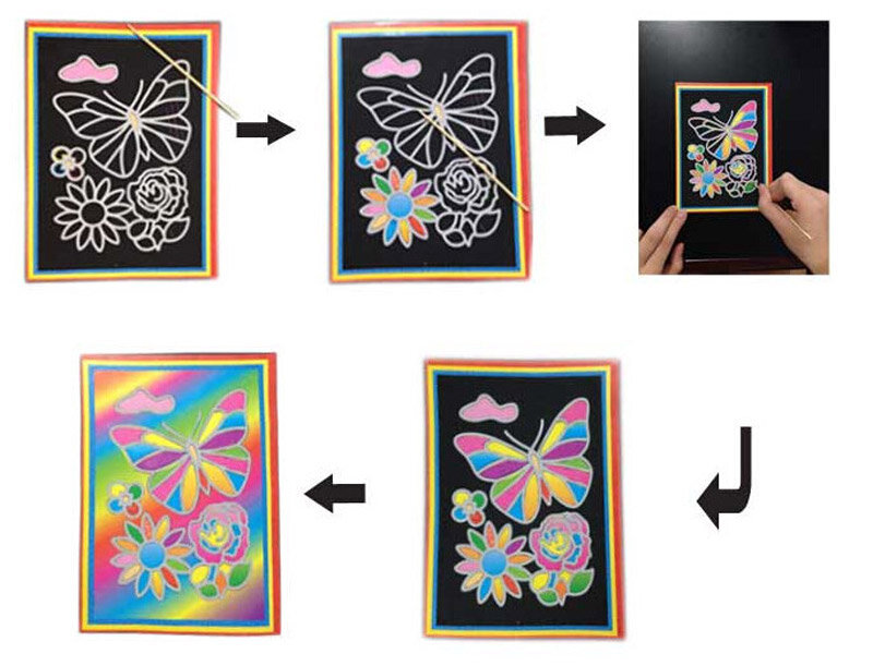 10 pcs 13x9.8cm raspar arte papel pintura mágica papel com desenho vara para crianças brinquedo colorido desenho brinquedos