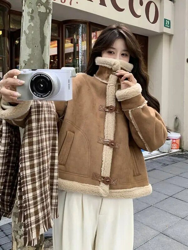 여성용 스탠드 칼라 램스울 코트, 겨울용 방풍 따뜻한 코트, 두꺼운 루즈 퍼 재킷, 한국 신상 인기