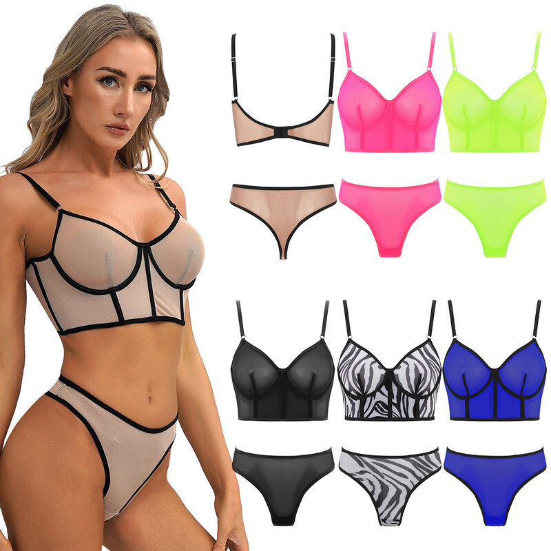 Womens Sexy Bikini Suit See-Through Mesh Lingerie Bathing Swimwear Beachwear Underwired Bra Top Bustier with Low Waist Thongs