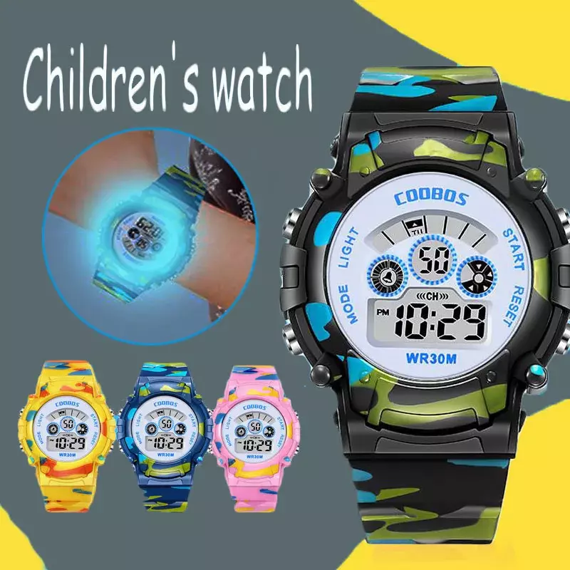 Relógio camuflado infantil, luminoso, de aço inoxidável, anti-queda, à prova d'água, para esportes ao ar livre, relógio infantil, meninas
