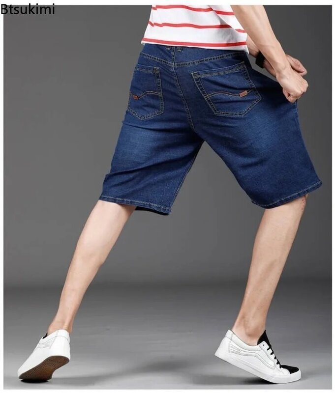 Short jeans masculino com alta elasticidade, calça reta fina, jeans solto e respirável, moda casual, verão, plus size 28-50