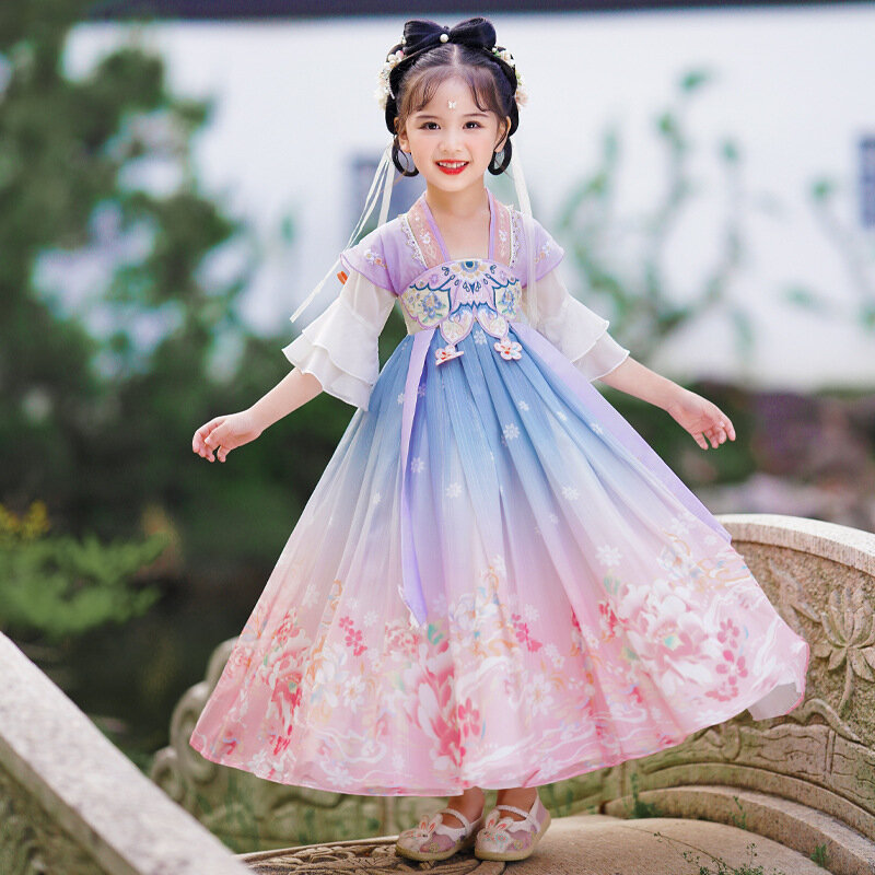 Tradycyjny chiński kostium wróżki dla dziewcząt strój noworoczny dla dziewczynki sukienka Hanfu dla dzieci w stylu chińskim Tang fotografia Cosplay