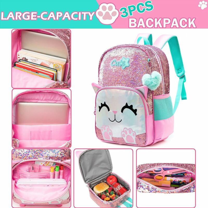 Meetbelify mochila lantejoula para alunos do jardim de infância elementar com lancheira, mochilas escolares fofas para meninas, gato rosa