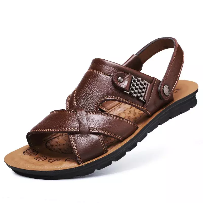 Sandálias masculinas de couro tamanho grande, sapatos clássicos de verão, chinelos romanos macios, calçado confortável para caminhadas ao ar livre