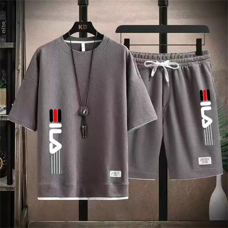 통기성 및 편안한 운동복 S-3XL 티셔츠, 와플 브랜드 캐주얼 세트, 2024 여름 패션