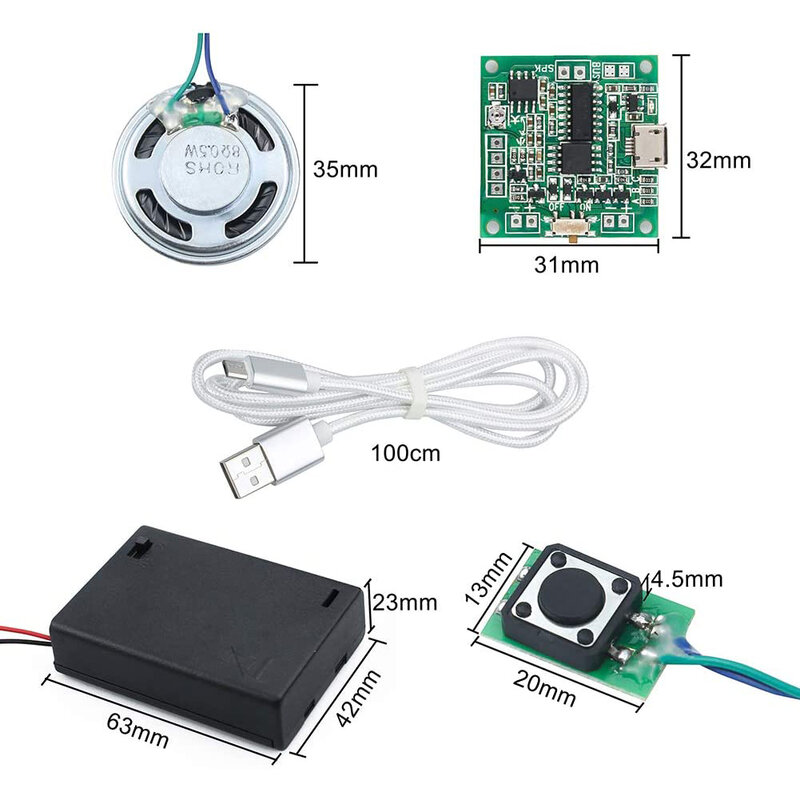 Recordable Sound Module 8M MP3 WAV Music Voice Player Programmable Board with Speaker Button Control for Music Box Greeting Card