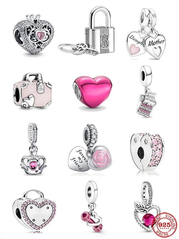 New Family Mom Daughter Charm Pink Crown Pendant Love Clip Bead 925 Sterling Silver Fit Original Pandora Bracelet DIYJewelry For