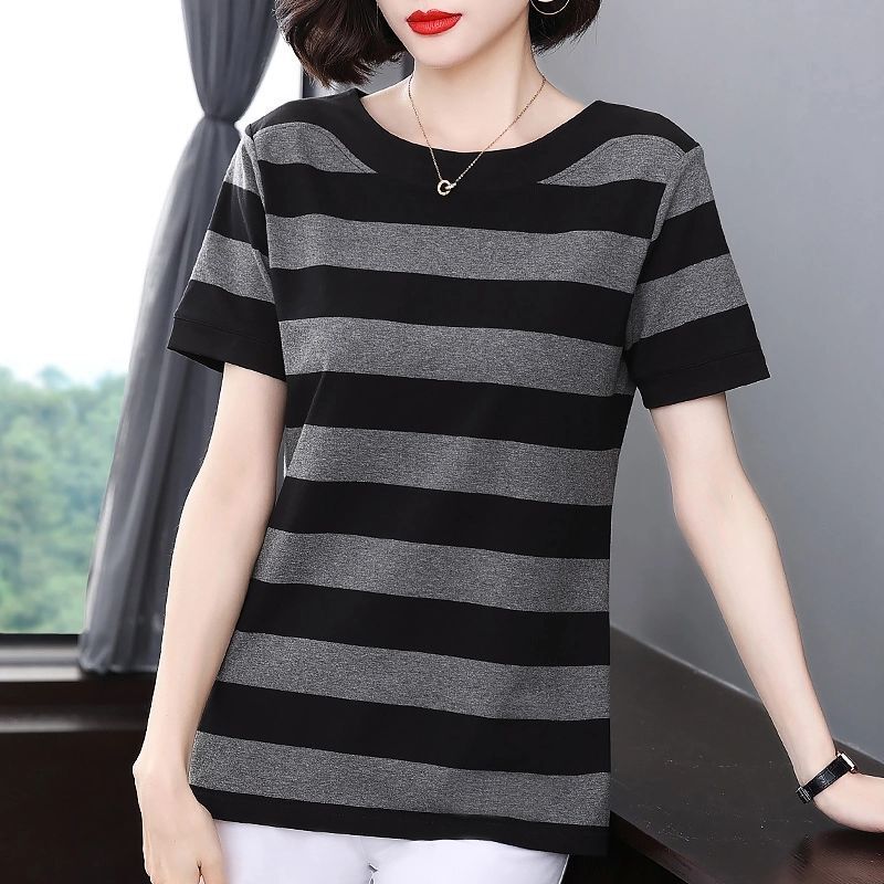 Street Casual Striped T Shirts Summer New O-neck Short Sleeve Plus Size Contrast Youth Tops Tees Vintage Fashion Women Clothing