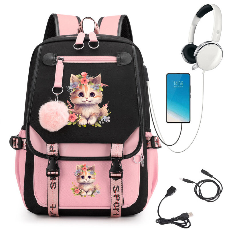 만화 소녀 학교 베낭가방 대용량 귀여운 꽃 고양이 그래픽 대학 학교 가방, 학교 백팩 USB 백팩