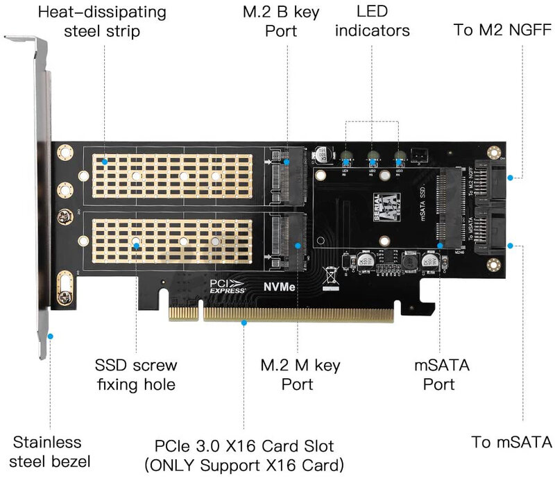 Zexmte-M.2 NVMe SSD Adaptador NGFF Para PCIE 4X, Placa de Interface Chave B e M, Suporte PCI-e PCI Express, 3 3.1, Tamanho M.2, M2 Pcie 16X