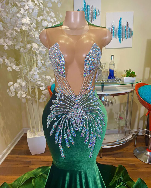 Long Elegant Prom Dresses 2023 Sexy Mermaid Style Sheer Mesh Luxury Handmade Beaded Dark Green Velvet Black Girl Prom Gala Gowns