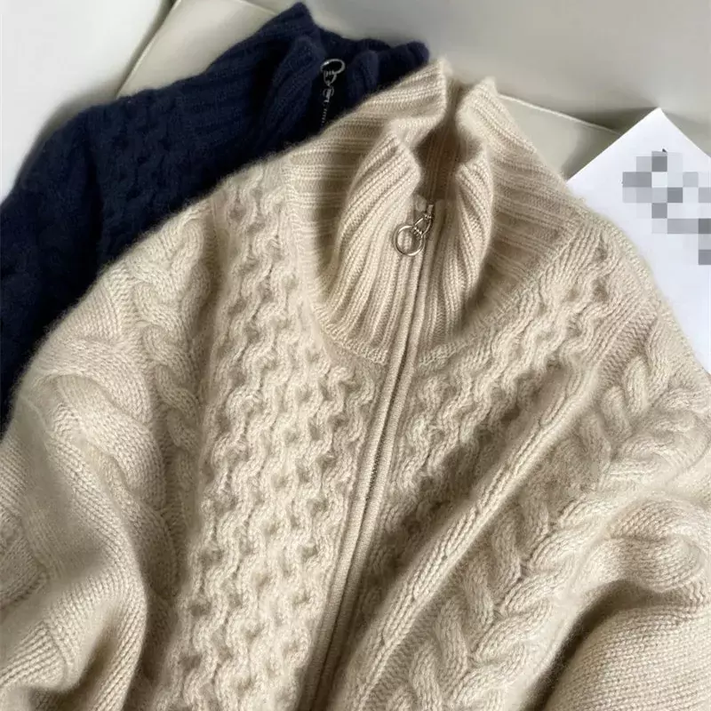 Stazione europea autunno e inverno Cardigan lavorato a maglia in cashmere a collo alto spesso donna cappotto in lana con cerniera sottile sciolto