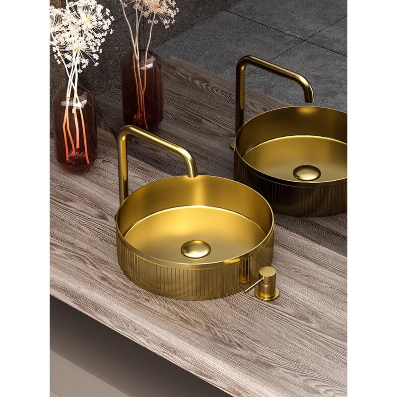 Lavabo circulaire à poser en acier inoxydable 304, vasque de luxe en or léger