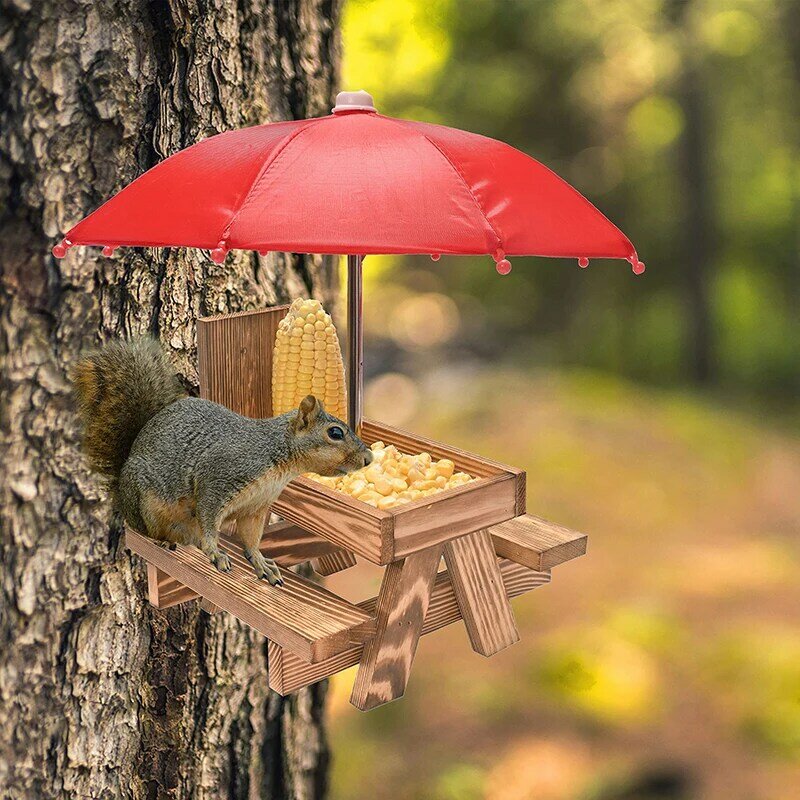 Alimentador de ardilla de madera, mesa de comedor creativa para mascotas con Banco, mesa de alimentación colgante, Mini adorno de paraguas