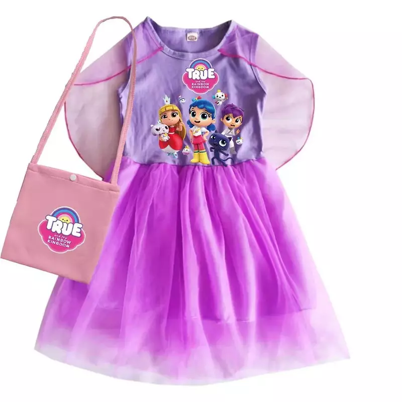 Vestido sem mangas True Rainbow Kingdom para bebês, roupas casuais dos desenhos animados para crianças, festa de casamento de Halloween, princesa vestido infantil
