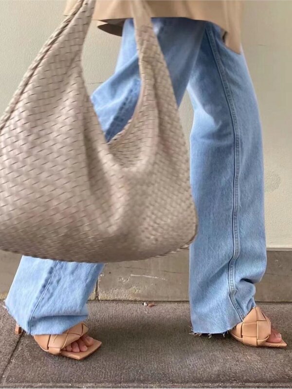 Celana panjang wanita, Jeans kasual pinggang tinggi trendi Vintage Y2k tepi rumbai lurus musim semi dan panas 2024