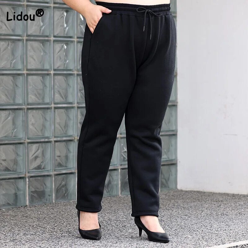 Spring Summer Plus Size Clothes Slim Black Trousers Trend Casual Drawstring Patchwork Pockets High Waist Women's Lantern Pants