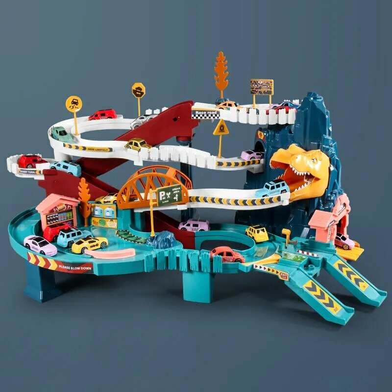 전기 공룡 산악 도로 레일 어린이용 퍼즐, 재미있는 장난감 어드벤처 자동차, 작은 기차 자동차 주차장, 남아용 생일 선물