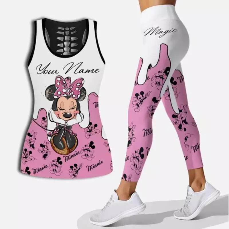 Disney Minnie Mouse regata oca para mulheres, conjunto de ioga, perneiras de fitness, treino, regata recortada, terno, verão