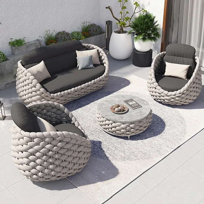 Sofá de mimbre impermeable para exteriores, muebles de patio, villa, balcón, combinación de mesa de centro, protector solar, silla de ocio